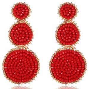 Red and Gold Beaded Triple Disc Round Boho Drop Statement Post Back Earrings